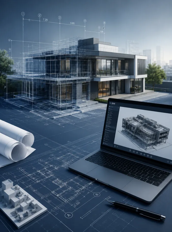 Maquete digital de uma residência moderna sobreposta a plantas técnicas, ao lado de um notebook exibindo o modelo BIM da mesma edificação.