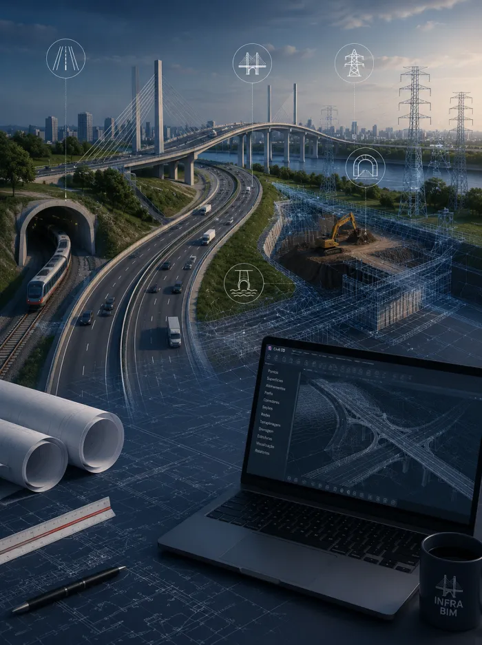 Complexo viário com rodovia, ponte estaiada, túnel ferroviário e linhas de transmissão, com um notebook exibindo o projeto da interseção.
